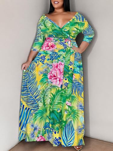 Image of SUZONANA Plus Size Maxi Dresses for Curcy Women Casual Loose 3 /4 Sleeve Long Dress with Belt