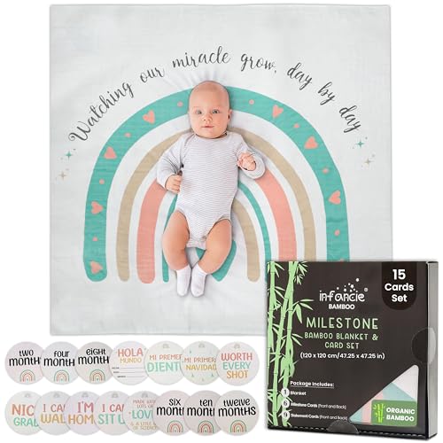 Organic Bamboo & Cotton Muslin Baby Swaddle Blanket (120 x 120 cm) - 47 x 47 Inches with 6 Milestone Cards & 9 Statement Cards | Baby Growth Tracker Blanket for Baby Boys and Girls
