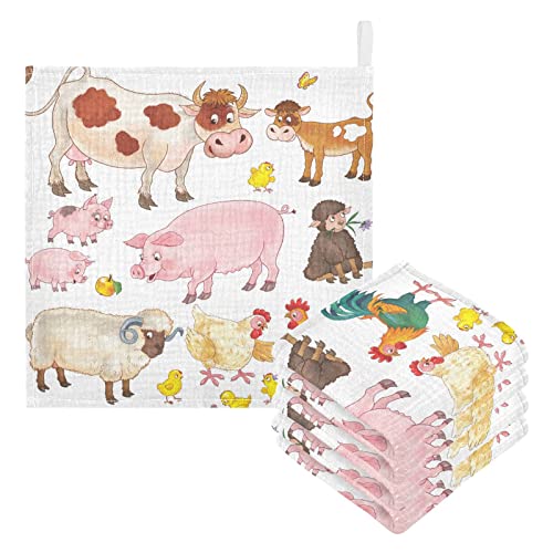 Image of WIFIU Cow Pig Sheep Chick Baby Muslin Washcloths Farmhouse Animals Burp Cloths Soft Absorbent Baby Wash Cloth Fingertip Face Towels for Newborn Boys Girls 12 x 12 in, 5 Pack