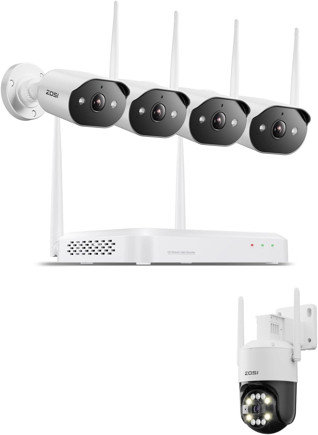 ZOSI Wi-Fi 6 Security Camera System with 8CH NVR, 4pcs 3MP Indoor Outdoor Cameras + 1 × 4K Pan Tilt Camera, 64GB Memory Card, Smart Human Detection, Color Night Vision, 2-Way Audio, Spotlight Siren