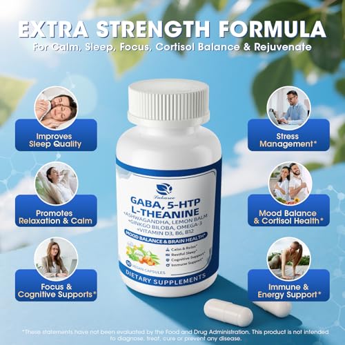 Image of GABA Supplements 750mg with L-Theanine & Ashwagandha for Calm & Sleep 2Pack | 10 in 1 Calm Capsules with 5HTP, Lemon Balm, Ginkgo Biloba, Omega-3 for Relaxation, Focus, Mood Support, Cortisol Balance