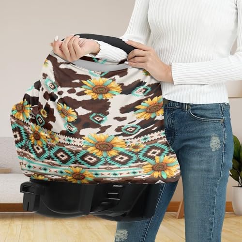 Image of Binienty Aztec Geometric Sunflower Cow Print Baby Car Seat Cover, Stretchy Fabric Carseat Canopies, Multi Use High Chair /Shopping Cart /Stroller Cover