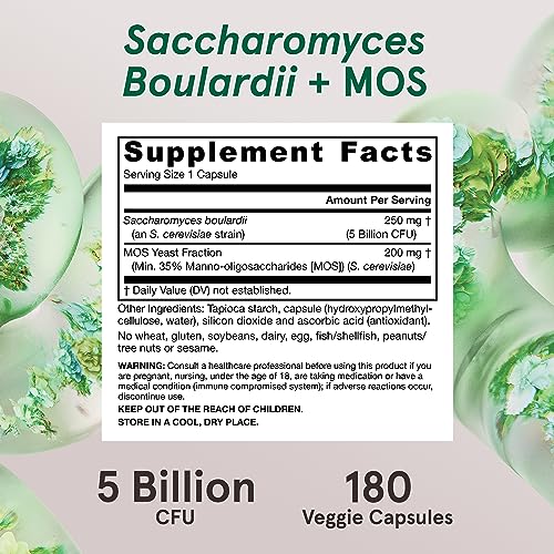 Image of Jarrow Formulas Saccharomyces Boulardii+MOS Probiotics for Digestive Health & Intestinal Tract Support-5 Billion CFU Per Serving-180 Delayed Release Caps - Probiotic+Prebiotic-180 Servings,(Pack of 2)