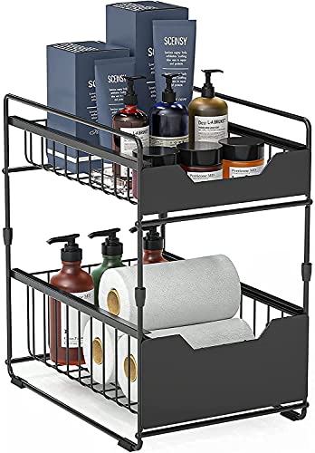 Under Sink Organizers And Storage With Sliding Storage Drawer,Stackable 2-Tier Under Sink Cabinet Organizer Sliding for Kitchen Bathroom Countertop Storage Basket (black)