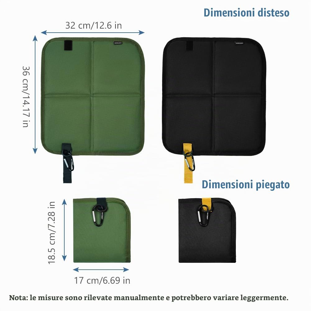 HOTUT Tappetino Pieghevole Outdoor, Cuscino del Sedile in Tessuto Oxford Impermeabile, Cuscini da Seduta Pieghevoli da Esterno in Tessuto Oxford, Escursioni, Picnic, Campeggio, 36 x 32 cm, Nero, Verde