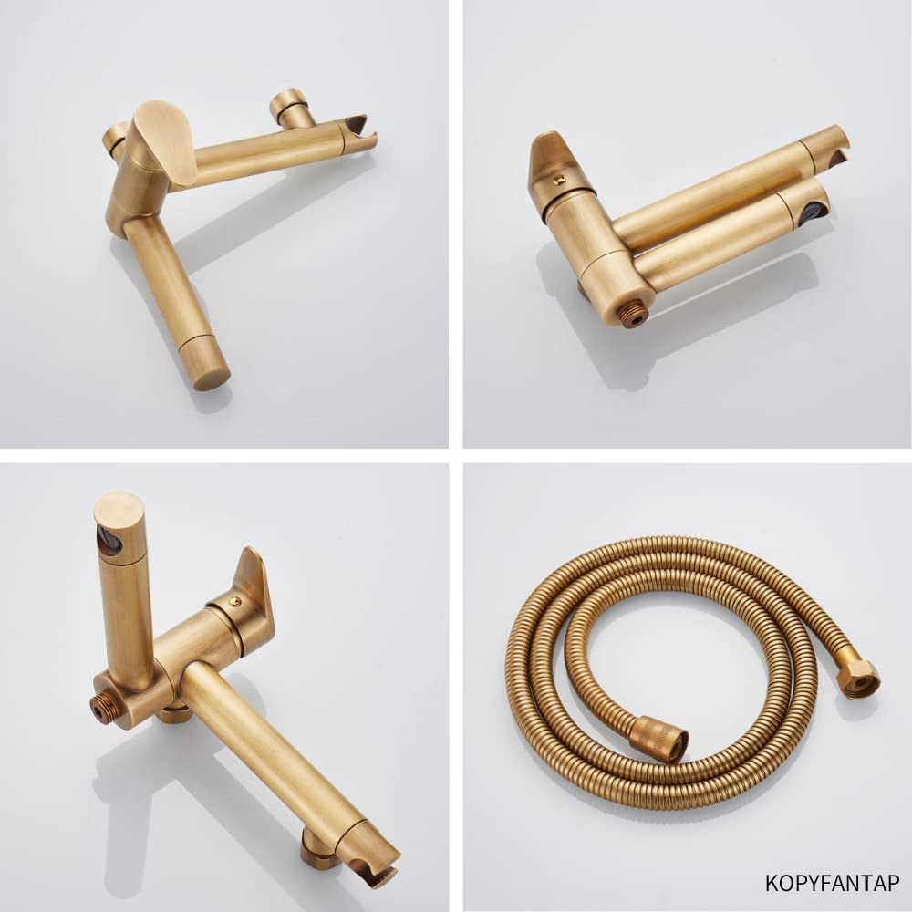 Grifo Mezclador para Bañera con Ducha, Grifo de Pared para Bañera de Latón Antiguo con Boca Giratoria a 90 ° Latón Cepillado Estilo Retro Caño Giratorio 18cm