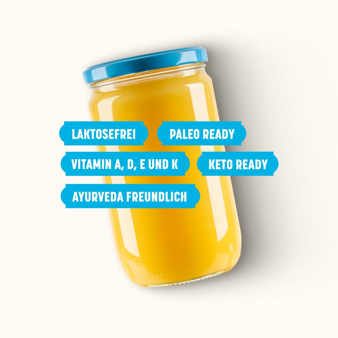 Ghee Bio Butterschmalz 590 g, Geklärte Butter, Laktosefrei | Grasgefüttert, Ayurveda-Qualität, zum Braten Kochen Backen, glutenfrei, ohne Zusatzstoffe, Great Taste Award, 100% EU
