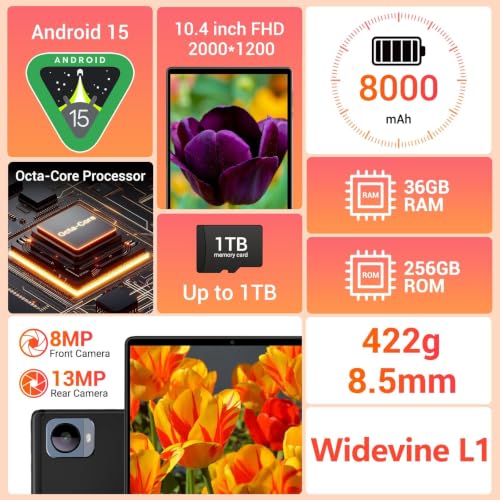 Image of 2026 Android 15 Tablet, 10.4 Inch 2K Display 36GB RAM 256GB ROM /1TB TF T606 Octa-Core, 3 in 1 Android Tablet with Keyboard Mouse Stylus, 8000mAh Battery Support 5G WiFi /BT5.0 /GPS- Black
