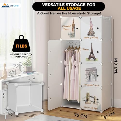 Image of CoolLeaf Soft Plastic Wardrobe for Clothes, Kids Almirah, 8 Doors Collapsible Wardrobe for Toys /Books, Baby Cupboard for Storage in Bedroom Nursery, White Tower (CW-WT8)