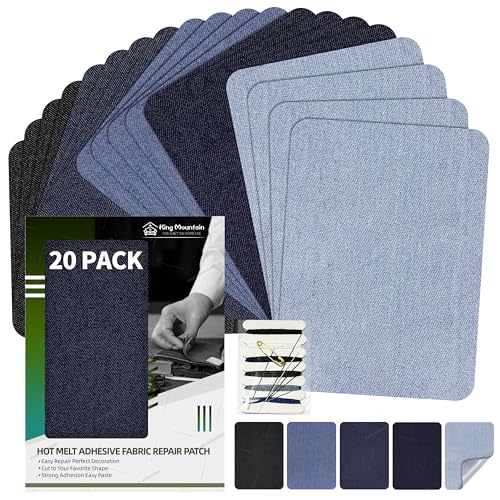 KING MOUNTAIN Iron-on Repair Patch 20 Pcs Pack,Denim Patches for Jeans Kit 3' by 4-1/4', 100% Cotton Denim Iron-on Repair Patch,Jeans and Clothing Repair and Decoration Kit (Five Color)