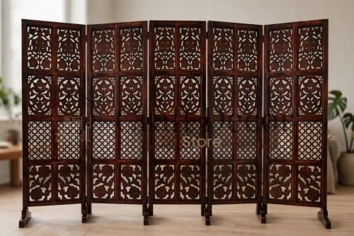 Image of Wooden Room Partition Screen Divider with Stand for Living Room and Bedroom (Brown) | Folding Sheesham Wood Room Separator Wall for Office and Salon