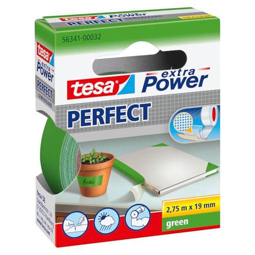 tesa Extra Power Perfect - Cinta de Reparación Reforzada en Tela para Confeccionar, Reparar, Fijar, Reforzar y Etiquetar - Verde - 2.75 m x 19 mm