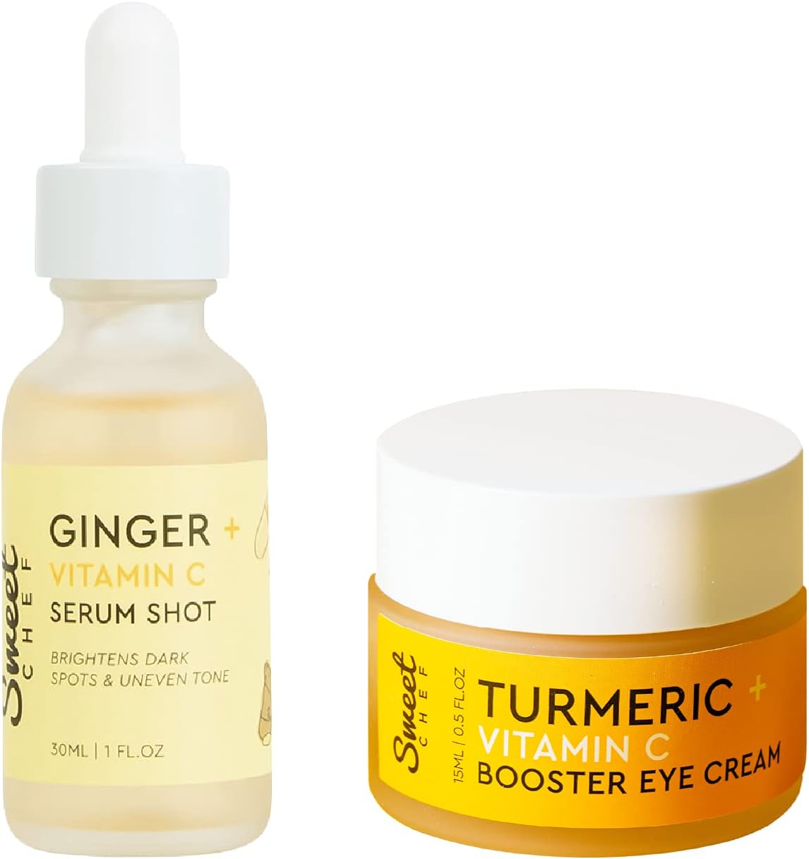 Sweet Chef Natural Glow Duo - Ginger + Vitamin C Serum Shot - Brightening + Antioxidant-Rich (30ml / 1 fl oz) & Turmeric + Vitamin C Eye Cream - Hydrating Gel-Cream with Probiotics (15ml / 0.5 oz)