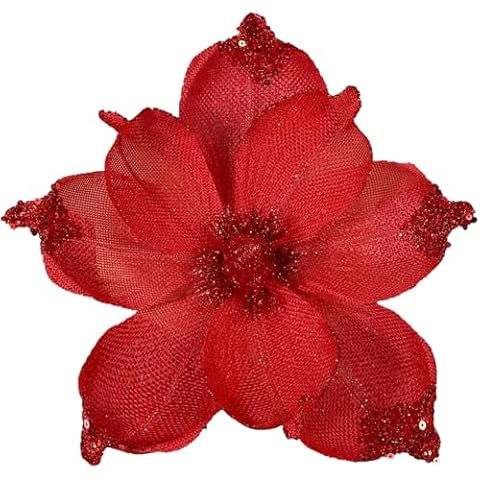 GL-Turelifes 10’’ Large Glitter Christmas Flowers 6 Pcs Artificial Magnolia Flower Ornaments Mesh Fabric Fold Floral for Christmas Tree Decorations Xmas Tree New Year Party Wedding (Red) Cover