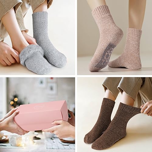 Image of HUGSWEET Thermal Slipper Socks, Anti Slip Hospital Socks Women Winter Soft Warm Cozy Fluffy Plush Grip Socks 4 Pairs