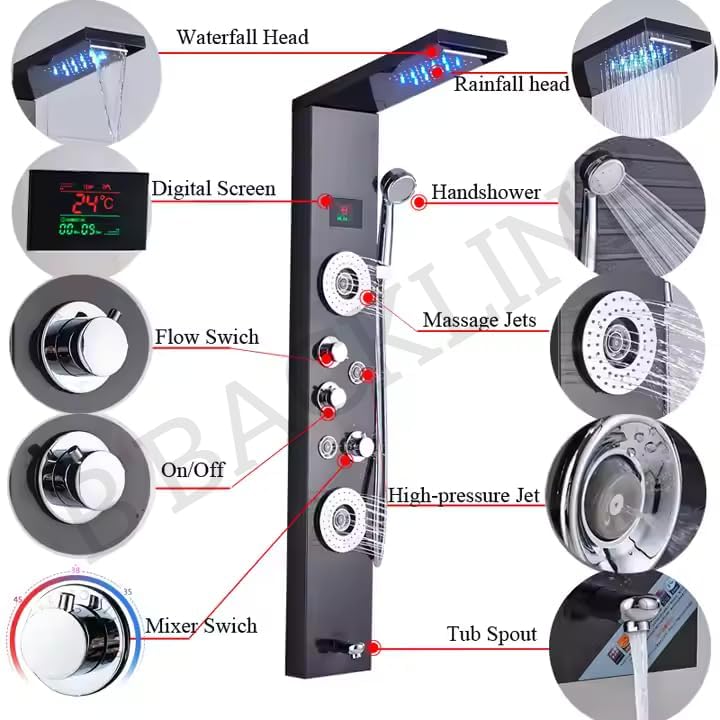 Image of Shower Panels For Bathroom SUS 304 7 in 1 Thermostatic Shower System With Temperature Display Rainfall Shower | Hot & Cold Water Adjustable | Hand Shower | Body Mist Spray | Water Spout