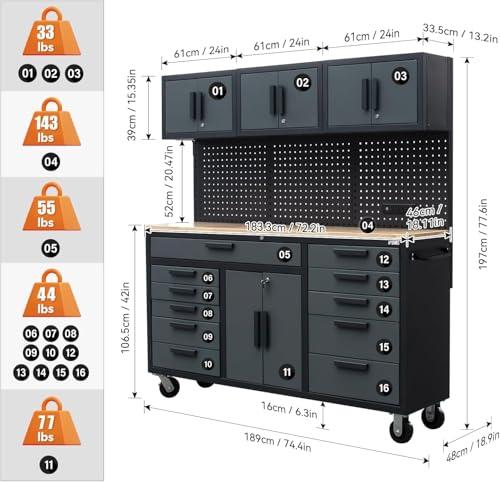 Image of 72in Rolling Tool Chest Cabinet Mobile Garage Workbench Heavy-Duty Tool Cabinet on Wheels with 11 Drawers, 2-Door Cabinet, 3 Top Cabinet, Pegboard & Power Strip for Tool Organization
