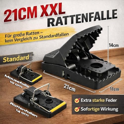 XXL Rattenfalle 21cm – 2er Pack Große Schlagfalle für Ratten, Wiederverwendbar, Heavy Duty, Effektive Falle, Schwarz