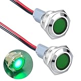 DMWD 2PCS 16mm (5/8') LED Indicator Light, 12-24V AC/DC 20mA Energy Saving Metal Waterproof IP67 Single Lamp Pilot Lamp Flat Head with 20cm/7.87in. Wire for Car Truck Boat (Green)