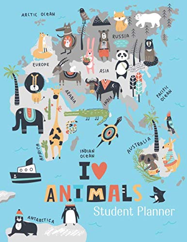I Love Animals, Undated Student Planner for Elementary Kids 12 Month Academic Agenda, Daily Homework Organizer with Subjects Wild Animals of the