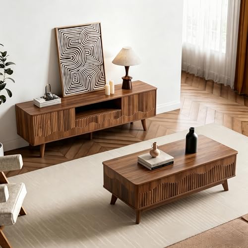 And Coffee Table Set Of 2, Mid Century Modern Lift Top Coffee Table And Entertainment Center For Living Room (walnut)