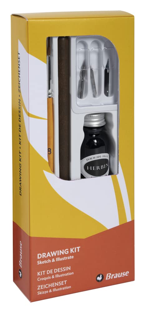 Brause 145B - Un kit d'apprentissage comprenant 3 plumes de dessin (66B, 511B et 513B), un porte-plume en bois, un pinceau, un flacon d'encre de Chine noire et une notice