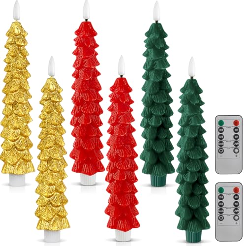 Image of Funtery 6 Pcs LED Christmas Tree Flameless Taper Candles Real Wax Battery Operated Candlestick Lights with 3D Flame and Remote Timer Window Fireplace(Red Green Gold,Christmas Tree)