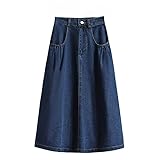 Denim Skirt with Pockets for Women, Elasticated Waist Ladies A Line Casual Jean Skirts Midi Fashion Office Work Basic Half Dress for Job Party Dark Blue L