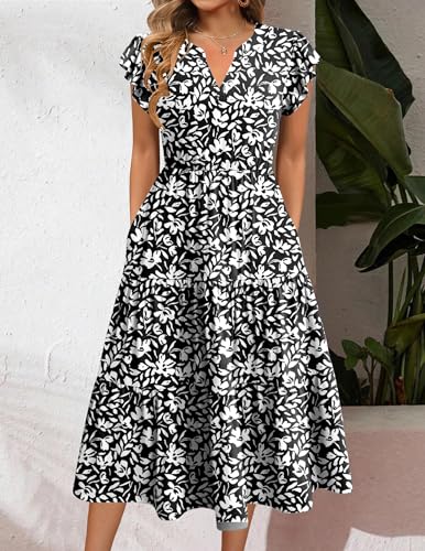 Image of ZEAGOO Womens Summer Casual Dresses Ruffle Sleeve V Neck Midi Dress Flowy Tiered Dress with Pockets Boho Sundresses