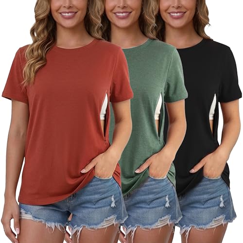 Love2Mi Juego de 3 o 4 camisetas de lactancia con cremallera oculta, apertura de lactancia, camiseta corta para embarazadas