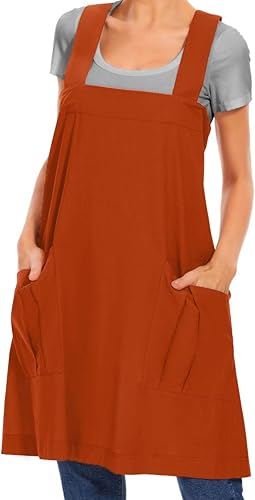 Miniatura 8 de Delantal de algodón con espalda cruzada para mujer, vestido casual con bolsillos grandes, delantal cuadrado suelto para hornear, cocinar, jardinería
