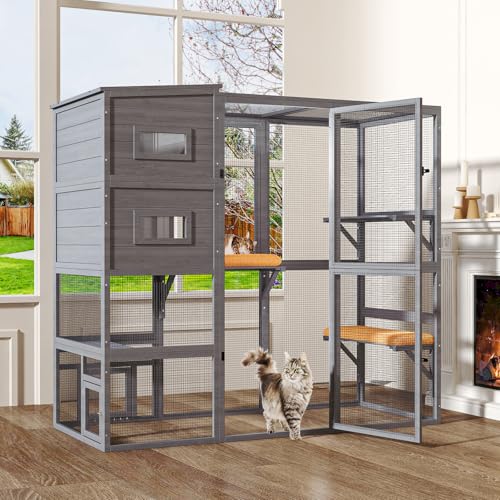 TIMHAKA Large Indoor Cat Catio, 4 Tier Outdoor Cat Enclosures House for Cats with Waterroof Roof, 3 Resting Rooms, 3 Platforms, Cats Catio Connect to Window with 2 Large Door, Feral Pet Shelter, Grey