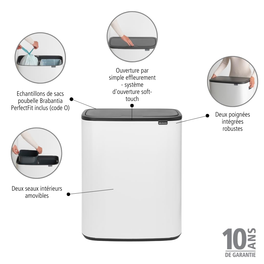Brabantia - 221408 - Poubelle Bo Touch Bin, White, 2 x 30L
