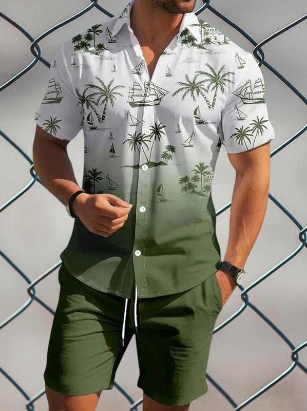 Image of Men's Printed Co-Ord Set | Plus Size Casual Shirt & Shorts Set | Nightwear Pajama Suit, Loungewear, Beachwear & Vacation Outfit Design No Shirt-Short Set10-Parent