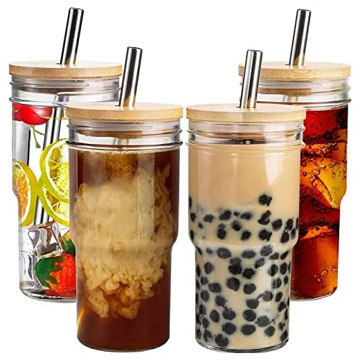 4 Pcs Glass Cups with Bamboo Lids and Straws,22 oz Reusable Boba Cup Wide Mouth Smoothie Cup Iced Coffee Cup,Glass Tumbler with Straw and Lid,Mason Jar Cups Drinking Glasses for Bubble Tea,Juice,Gift