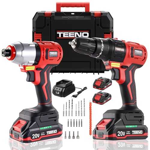 TEENO Visseuse à Choc 180Nm + Perceuse Visseuse Sans Fil 20V - Kit 2-en-1 Professionnel, 2 Batteries 1.5Ah, Chargeur Rapide, 22 Accessoires - Pour Bricolage et Pro