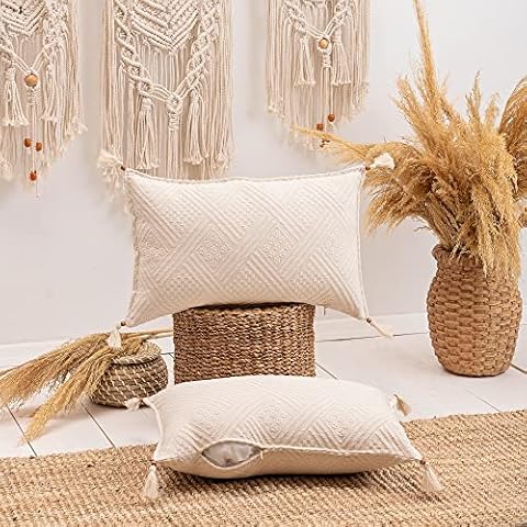 Milam London Cream Cushion Covers 30 x 50 cm | Pack of 2 Soft Decorative Pillow Covers | 100 % Cotton Boho Cushion Covers with a Jacquard Weave | Scatter Cushions 12x20 inch | Rectangle Cushion Covers Cover