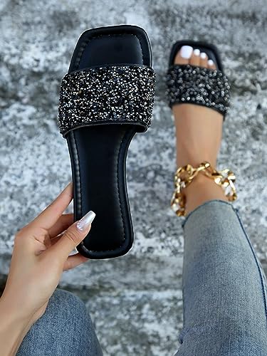 Verdusa Women's Rhinestone Sandals Glitter Casual Sandal Flats Open Toe Sparkle Slides3
