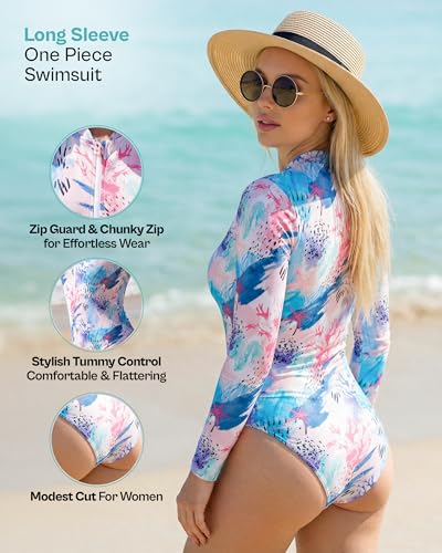 Image of Tame the Sun Long Sleeve Swimsuits for Women - One Piece Tummy Control, UPF 50+ Bathing Suit - Rash Guard, Zipper Swimwear