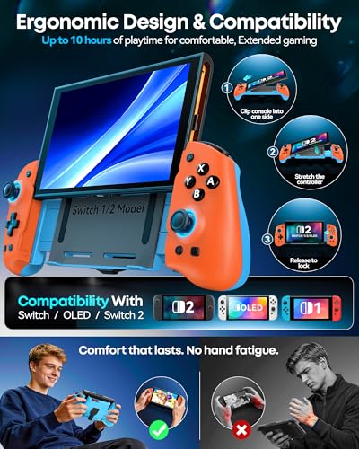 Image of OIVO Switch 1 /2 Controller for Original /OLED /Switch 2 Console, Stretchable Switch Handheld Joypad Ergonomic Grip for NS Pro Controller with RGB Light, TMR Joystick, Turbo, 4 Macro, Orange & Blue