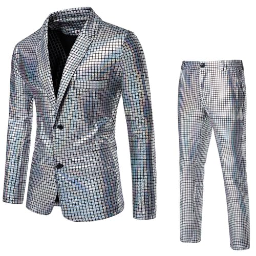 2-Delige Discoblazer Voor Heren, Glanzende Jas En Broek Uit De Jaren 70 En 80, Discofeestkostuum, Paillettenpak Voor Halloween, Cosplaycarnaval, Feestnachtclubkostuum(Silber,X-Large)