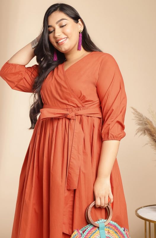 Image of Janasya Women's Pure Cotton Solid A-Line Below The Knee Dress