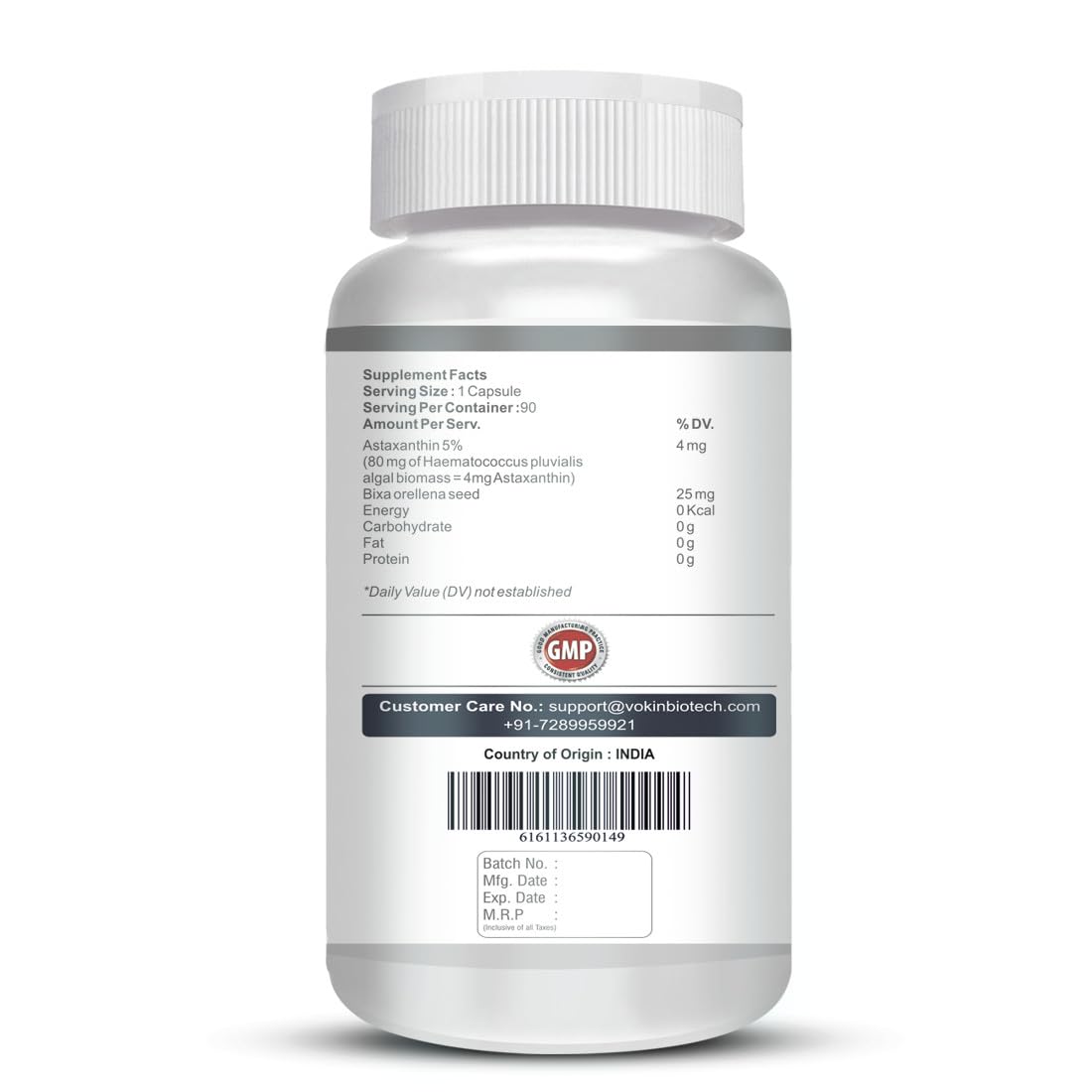 Vokin Biotech Astaxanthin 29mg - Naturally Sourced from Algae - Non-Synthetic - Best or Healthy Ageing - 90 Capsules