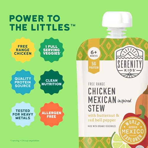 Image of Serenity Kids 6+ Months World Explorers Baby Food Pouches Puree Made With Ethically Sourced Meats & Organic Veggies | 3.5 Ounce BPA-Free Pouch | Chicken Mexican Stew | 1 Count