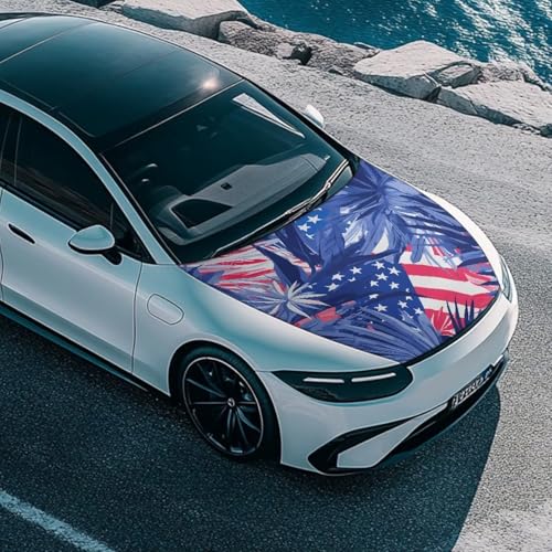 Image of Tropical Plants US Flag Car Hood Covers for Automobiles, Universal Hawaiian Palm Leaves Flag Car Bonnet Banner for Most Vehicles Sedans Trucks SUVs, All-Season Protection