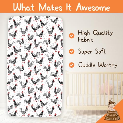 Image of Dear Baby Gear Deluxe Crib Sheet - Farm Design Soft Cotton Polyester Baby Bedding - Infant Bed Sheets - Toddler Mattress Protector (Chickens & Roosters Black White & Red Print, 52x28x10)