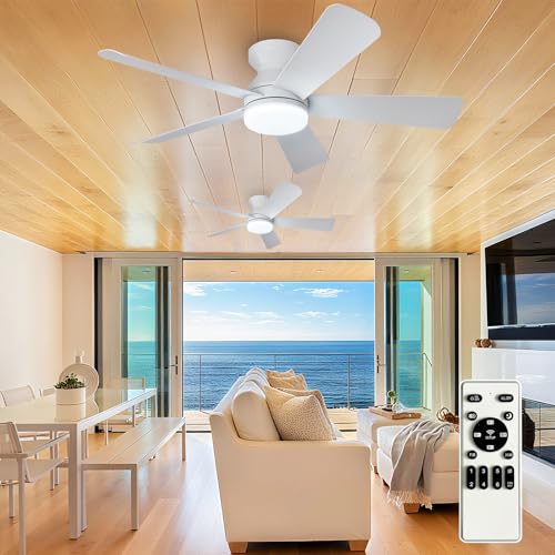 Image of Depuley 42-Inch Ceiling Fans with Lights: Indoor /Outdoor Flush Mount Ceiling Fan with Remote Control - White 5 Blade Low Profile Fandelier for Kitchen Gazebo - Reversible Quiet Timer - 2 Packs