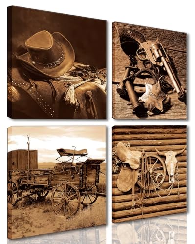 4Pcs Western Cowboy wall art Vintage Hat Boots Decor Canvas