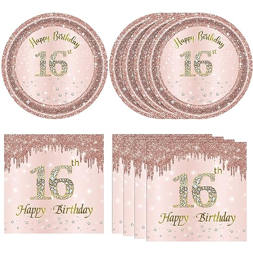 40PCS 16th Birthday Decorations for Girls Rose Gold Sweet 16 Party Decorations Kits Include Sweet 16 Plates and Napkins Set Sweet 16 Table Decorations for Girls Teenager Princess Party Supplies
