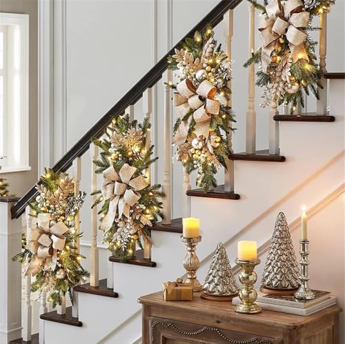 Artificial Christmas Swags 24 Inch Cordless Prelit Teardrop Swag Christmas Staircase Decorations Lighting Stair Swags and Garlands Xmas Wreath for Stair Window Wall Home Decor (1Pcs Gold)